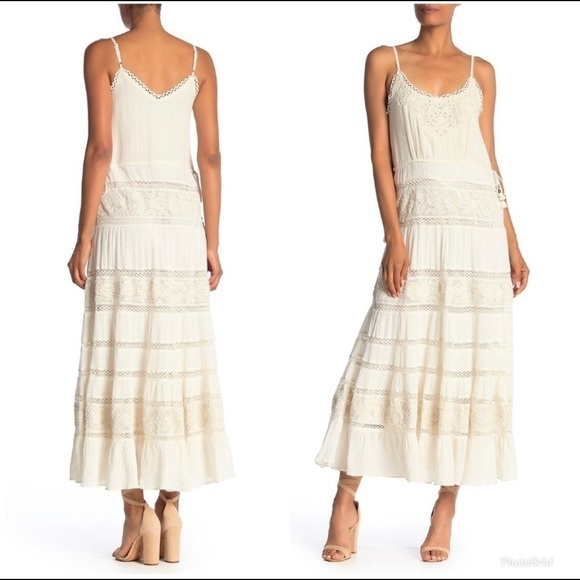 LOVE SAM Tiered Ruffle Beaded Lace Crochet Cinch Waist Sleeveless Maxi Dress S - Picture 3 of 7